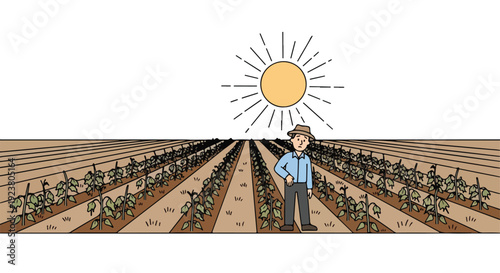 A man stands in a vast agricultural field with rows of crops under a bright sun conveying a sense of global warming and heat wave.