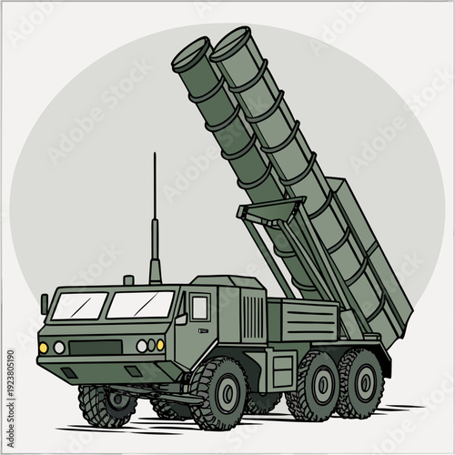 Military truck with missile launcher system green army
