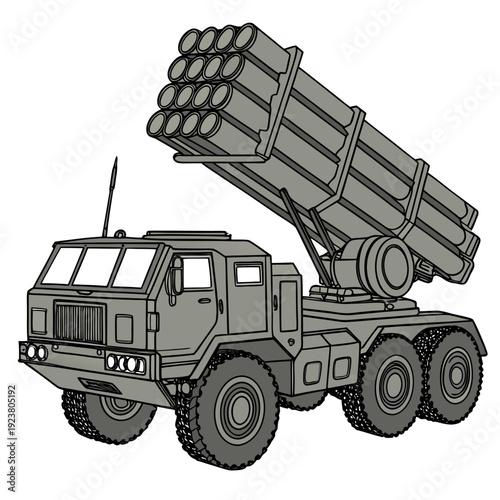 Gray tactical missile launcher truck with six wheels and six missiles