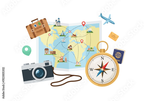 Travel illustration with map camera compass and suitcase on white background