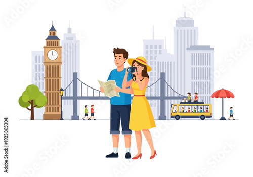 Tourists viewing a cityscape with Big Ben a bridge and a tour bus