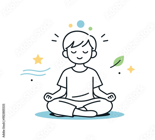 Young boy meditating peacefully in lotus position with colorful bubbles and stars around him