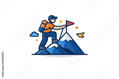 Mountain trekking expressed through a hiker reaching a small summit flag, symbolizing determination, milestones, and rewarding effort. Minimalist flat vector