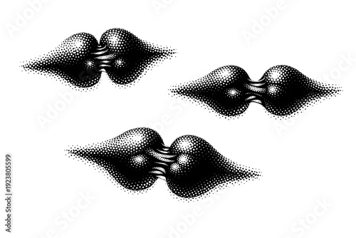 Neural network synapse cluster object. Black and white dot style with halftone texture and high contrast. Halftone texture with partial solid