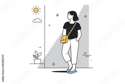 Women standing in spring sunlight. A woman stands near a wall where sunlight creates a clear bright shape across her body. Quiet moment of