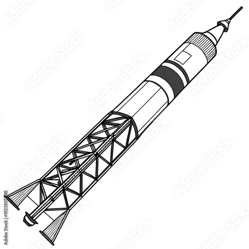 Black and white rocket with launch tower space technology