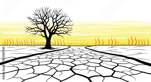 Illustration of a barren tree standing on parched, cracked earth with flames rising in the background, conveying a scene of global warming and heat wave.