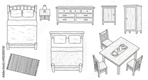 Bedroom furniture arrangement featuring beds, dressers, nightstands, and a dining table.
