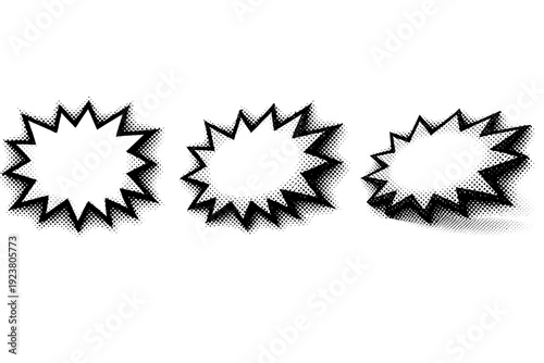 Halftone irregular burst callout An irregular burst callout shape with intentional blank space for text shown in straight-on view, angled