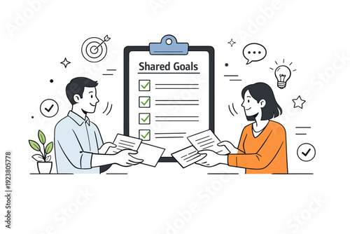 Shared accountability. Colleagues exchanging documents and nodding in agreement, with a central checklist labeled ?shared goals?. Friendly teamwork and mutual