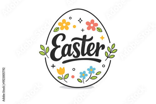 Easter typography. Bold yet friendly Easter lettering placed inside an egg-shaped frame, with small icons of flowers and leaves around. Cheerful spring mood