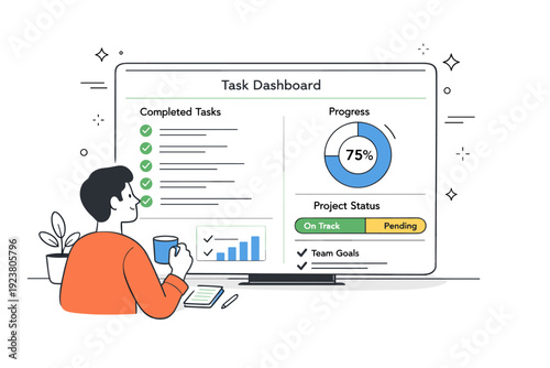 Work accountability tracking systems. Calm dashboard scene with a person reviewing completed tasks and progress indicators on a screen. Sense of