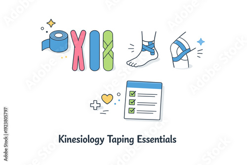 Kinesiology taping essentials. Tape strips, ankle and knee outline icons, and a checklist arranged in a clean flat lay. Organized preventive care