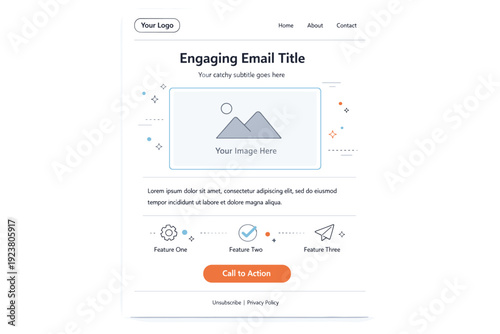 Email marketing templates. Modern email mockup with header, image placeholder, and call-to-action button, calm and professional tone. Subtle icons and layout