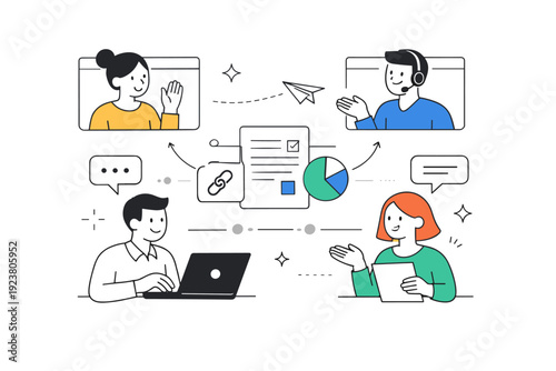 Virtual teamwork concept. Simple geometric characters interact through floating screens, messages, and shared documents, suggesting collaboration