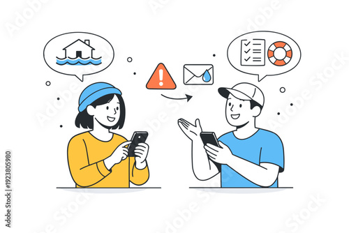 Urban flood preparedness communication. Neighbors calmly sharing information with phones and simple message icons, friendly and supportive interaction. The