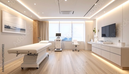 Modern and Bright Examination Room in a Contemporary Medical Clinic, Featuring a Comfortable Treatment Table, Large Window, and Integrated Storage with Television for a Professional and Welcoming Heal