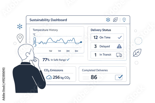 Cold-chain data dashboard. Person reviewing a sustainability dashboard with temperature history and delivery status. Transparency, data