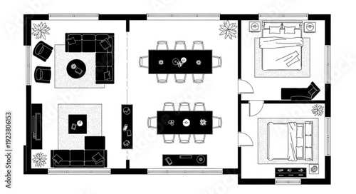 Detailed architectural floor plan showcasing interior design and room layouts with furniture arrangements.