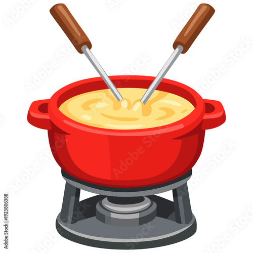 Cheese Fondue Pot With Melted Cheese And Forks Traditional Swiss Dish
