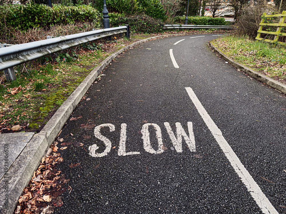 Fototapeta premium Slow down on the curved Manchester street with autumn leaves and greenery in the UK
