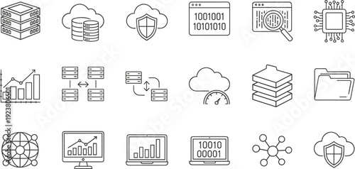 Cloud computing icon set, cybersecurity symbols, data analytics design, server storage, network nodes, technology security, modern vector illustration collection
