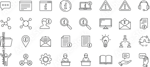 Communication technology icons set, information messaging teamwork graphics, customer support innovation symbols, organizational process vector illustration pack