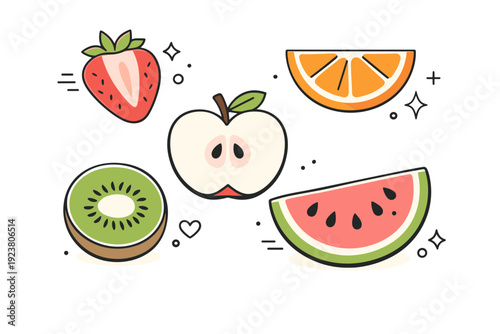 Fresh produce detail. A close-up composition of sliced fruit arranged neatly with visible seeds and shapes. The illustration