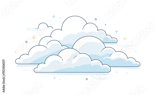 Stylized illustration of fluffy white clouds against a clean white background with subtle stars