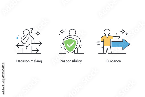 Future skills icons leadership. Simple icons symbolizing decision making, responsibility, and guidance using arrows and abstract figures.