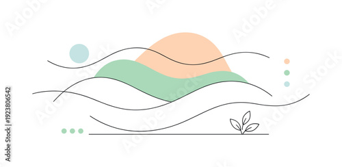 Minimalist abstract landscape with rolling hills and sun, soft pastel colors