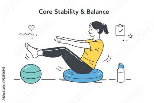 Core stability with balance tools. Editorial scene featuring a person exercising with a stability ball or balance cushion, highlighting
