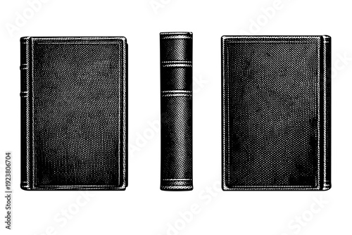 Book cover object, A vintage cloth-bound book cover presented as one isolated object in three views emphasizing fabric texture impression,