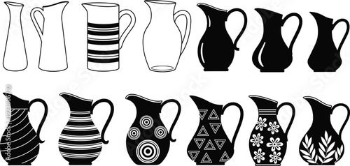 Pitcher vector illustration set, decorative jug designs, artistic pottery icons, black and white collection, creative kitchenware patterns, stock art graphics