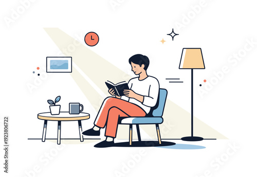 Man sitting in a chair reading a book in a cozy room with a lamp and plant