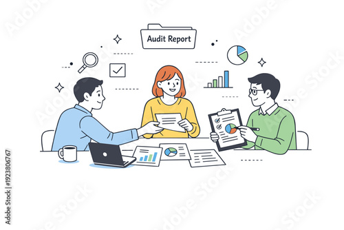 Audit reporting process. A small team assembling an audit report, reviewing summaries and charts together, passing documents across a table