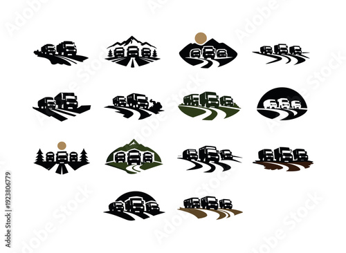 Collection of truck convoy logos on winding roads with mountain and nature elements