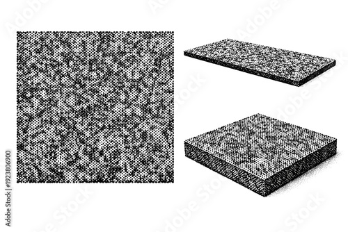 High-noise dot texture overlay. A high-noise dot texture overlay tile is displayed in three views: flat overhead view, angled side view, and three-quarter