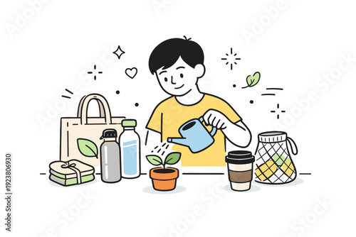 Eco-friendly living. A person waters a small houseplant next to reusable items like bottles and bags. Calm everyday sustainability with a warm, mindful mood.