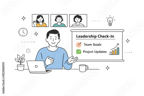 Virtual leadership check-in. A leader addressing the team from a home workspace, simple presentation slides and friendly eye contact. Clear direction with a
