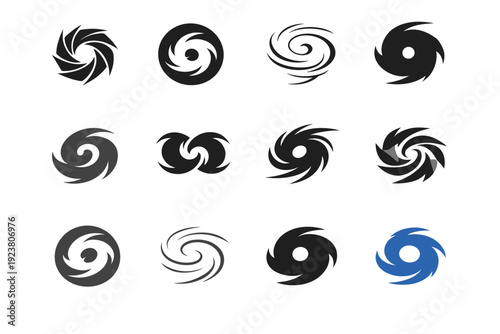 Hurricanes. Icon set. Set Logo of Hurricanes: cyclone wind swirl. harmonious logo variations of the same emblematic concept, each with different artistic