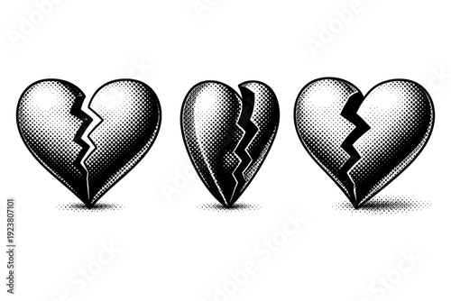 Pop art halftone broken heart A broken heart icon shown in front view, side view, and three-quarter view emphasizing dimensional separation of the form. Black
