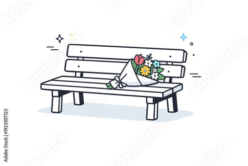 Flowers waiting quietly. A bouquet placed neatly on a park bench, slightly angled as if just set down. Calm pause suggesting someone stepped away for a moment.