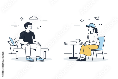 People sitting outside cautiously. Two people seated in the same outdoor area, not facing each other, neutral expressions. Parallel presence, mild tension,