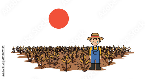 A farmer stands in a dry, withered cornfield under a large red sun, conveying a sense of global warming and heat wave.