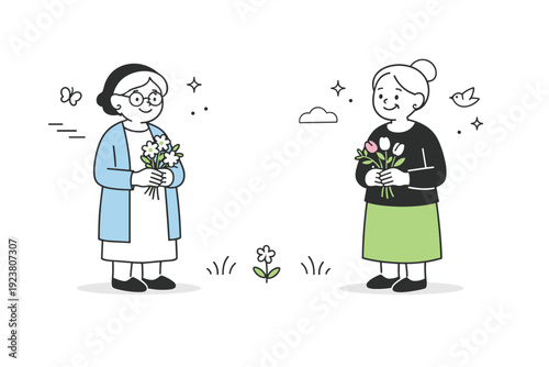Shared spring calm. Two grandmothers standing apart, each holding a modest bouquet. Quiet companionship and shared appreciation of springtime. Minimalist flat