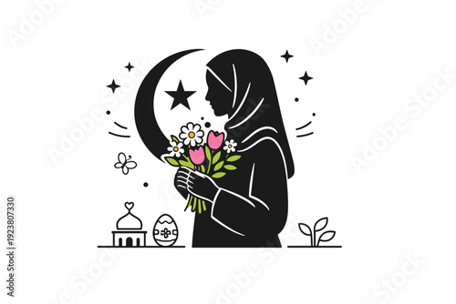 Islamic spring holiday symbols. Sabaya silhouette holding a bouquet of spring flowers with elegant crescent and star behind, evoking peace and festivity.