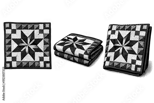 Star pattern quilt panel. A realistic star pattern quilt panel shown as a single object from three different angles: front view, folded view,