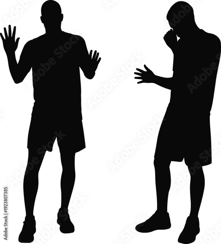 Men gesture silhouette set, talking arguing poses, human body language vector illustration isolated on white background