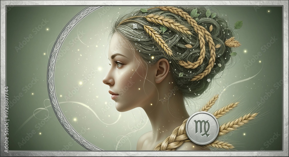 Fototapeta premium Ethereal Virgo Maiden Portrait with Woven Wheat in Filigree Silver Frame, Verdant Sage Background
